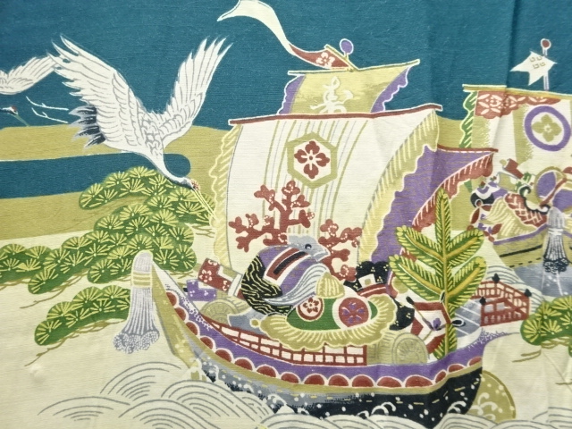 JAPANESE KIMONO / ANTIQUE MENS JUBAN / CRANE PATTERN A TREASURE SHIP